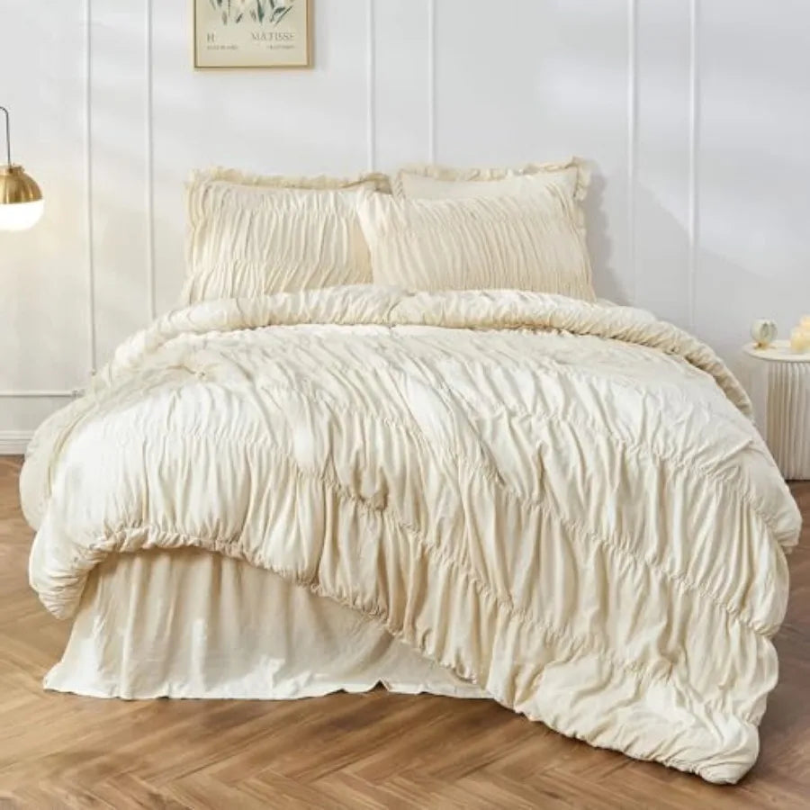 Ruched Comforter Set showcasing the luxury farmhouse comforter design with ruffled texture, perfect for cozy bedrooms.