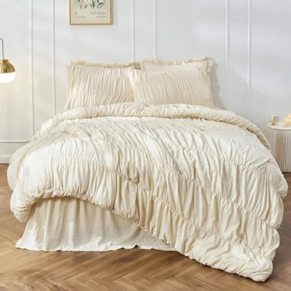 Ruched Comforter Set showcasing the luxury farmhouse comforter design with ruffled texture, perfect for cozy bedrooms.