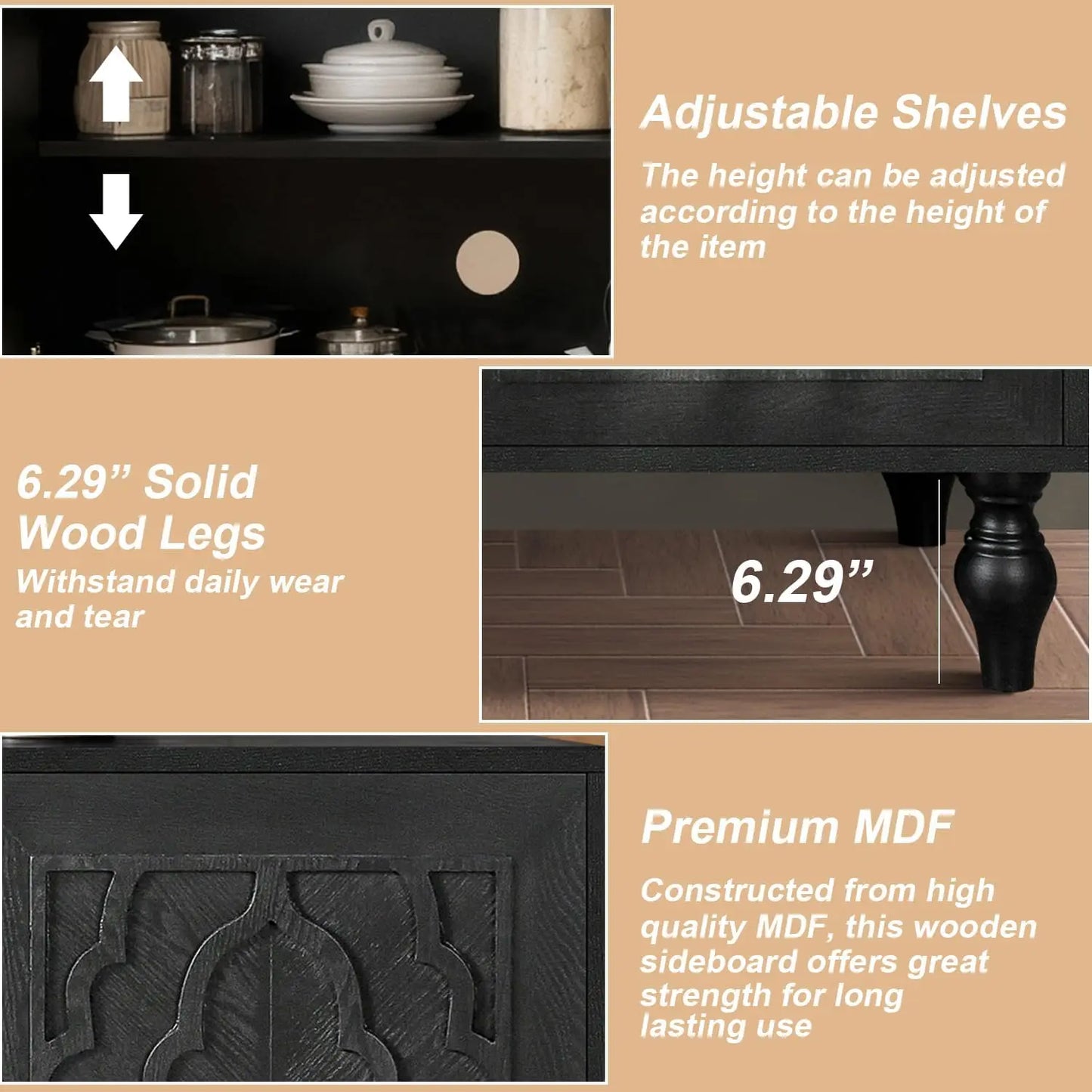 Detailed image of the Roman column-style legs on the Antique Black Carved Sideboard with Carved Flower Doors, emphasizing the elegant design of this antique carved sideboard.