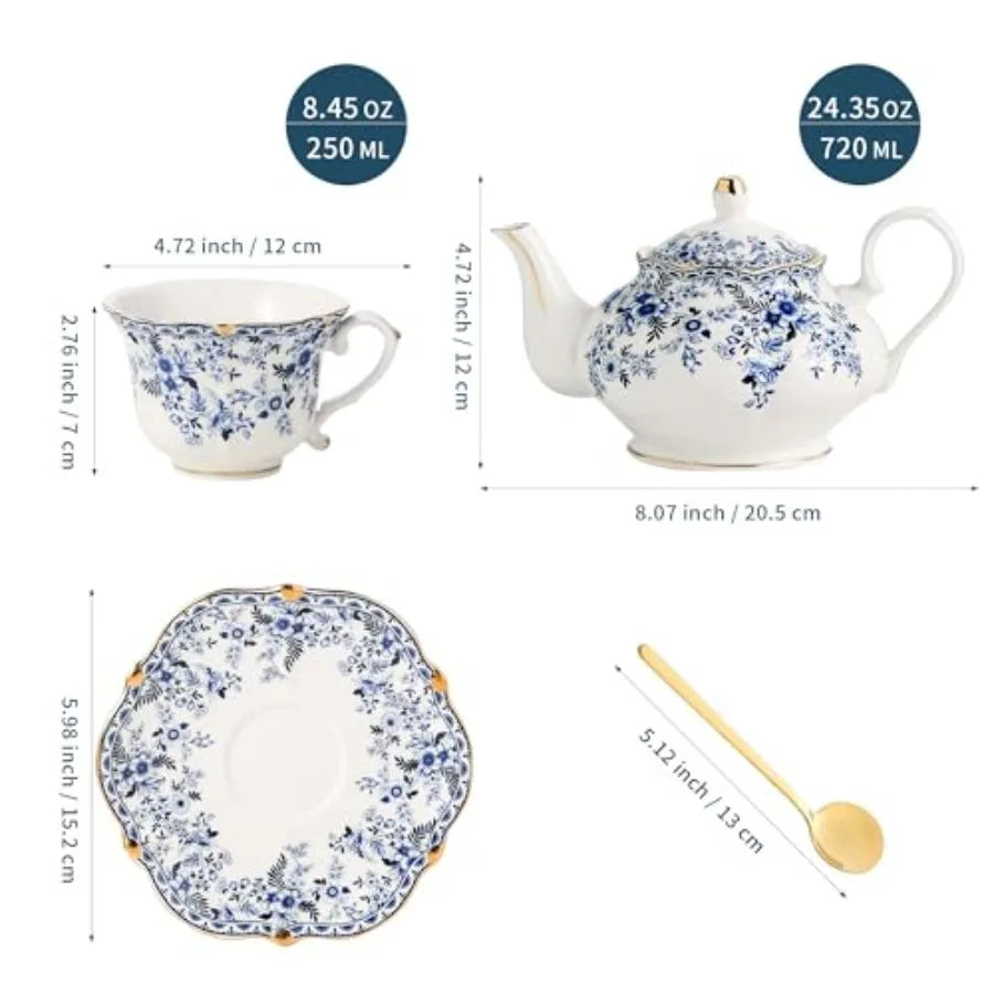 Close-up of the delicate blue floral design on the Vintage Blue Floral Bone China Teapot Set.