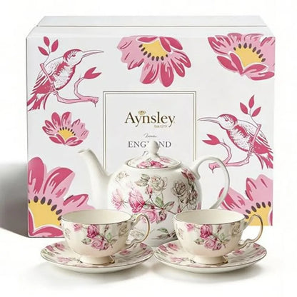 Aynsley 7-Piece Tea Set presentation, highlighting the vibrant multilayered floral design.
