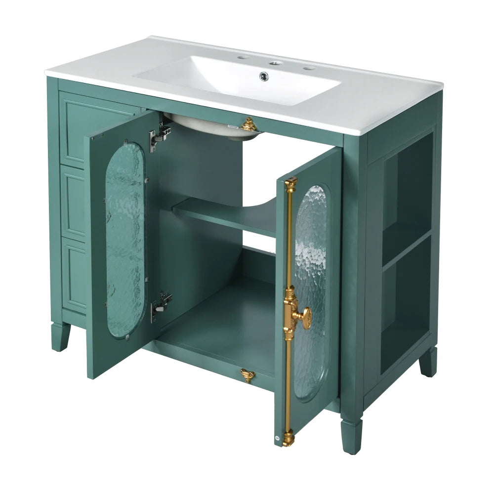 Modern 36" Double Glass Door Bathroom Cabinet w/Undermount Ceramic Sink