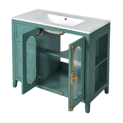 Modern 36" Double Glass Door Bathroom Cabinet w/Undermount Ceramic Sink