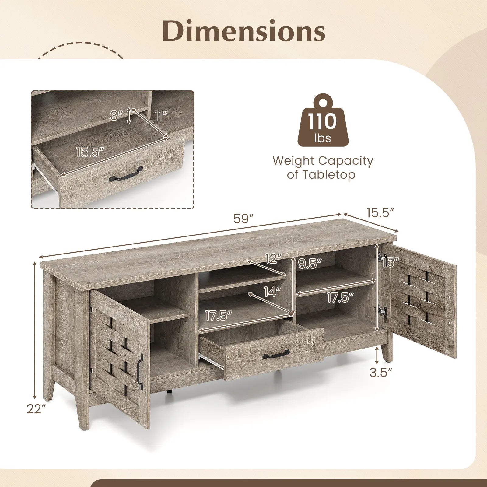 Rustic Farmhouse TV Stand with two cabinets and a drawer for smart storage.