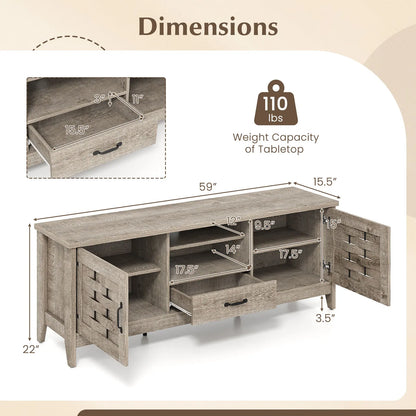 Rustic Farmhouse TV Stand with two cabinets and a drawer for smart storage.
