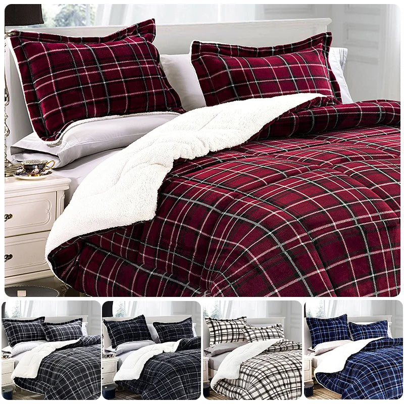 Elegant plaid pattern of the Luxury Plaid Sherpa Comforter Set, paired with matching shams for a complete look.