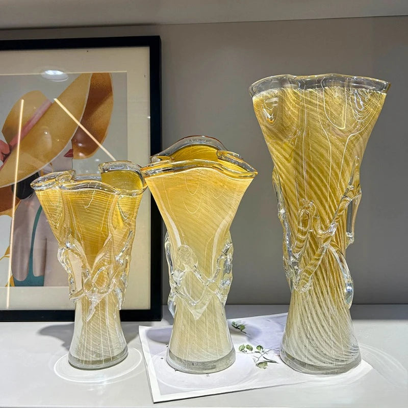 Luminous Yellow Swirl Art Glass Vase – Hand-Blown Luxury Centerpiece