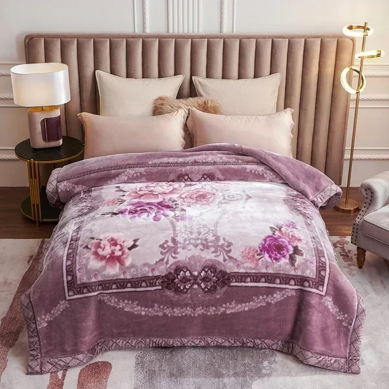 Korean Raschel 2-Ply Heavy Fleece Blanket, 78x90 Queen Size Reversible Geometric Plush Blanket with a cream and brown ornamental design; reversible geometric blanket for warm bedding.
