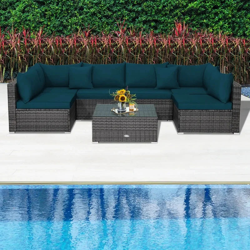 7-Piece Outdoor Rattan Sectional Sofa Set w/Peacock Blue Cushions