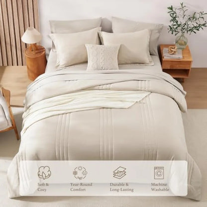 Complete 7 Piece Bed in a Bag with an apricot beige comforter, ideal for a clean and modern look in any bedroom decor.