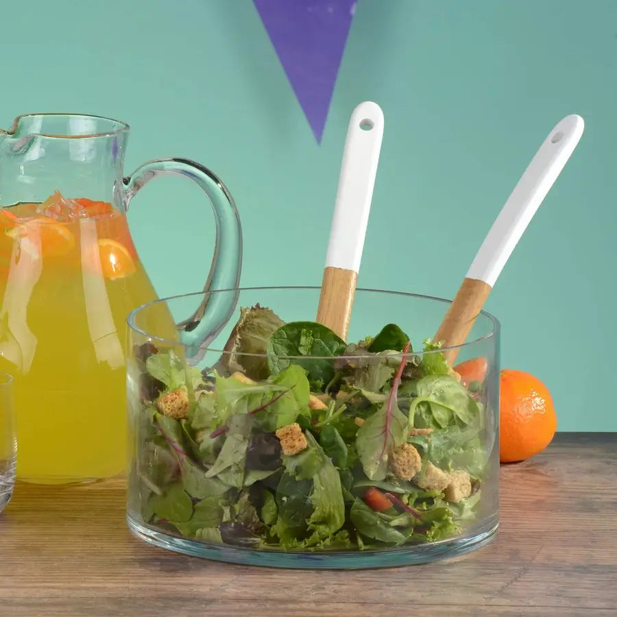 9" Clear Handcrafted Glass Salad Bowl showcasing its elegant contemporary design, perfect for serving salads.