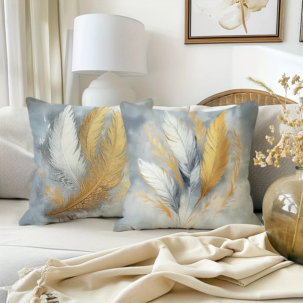 Set of 4 Gold Feather and Butterfly Bohemian Throw Pillow Covers, 17.7-Inch Decorative Cushion Cases for boho sofa décor, gold butterfly pillow covers