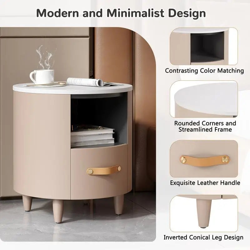 Minimalist & Modern Round Bedside Table with Storage Drawer