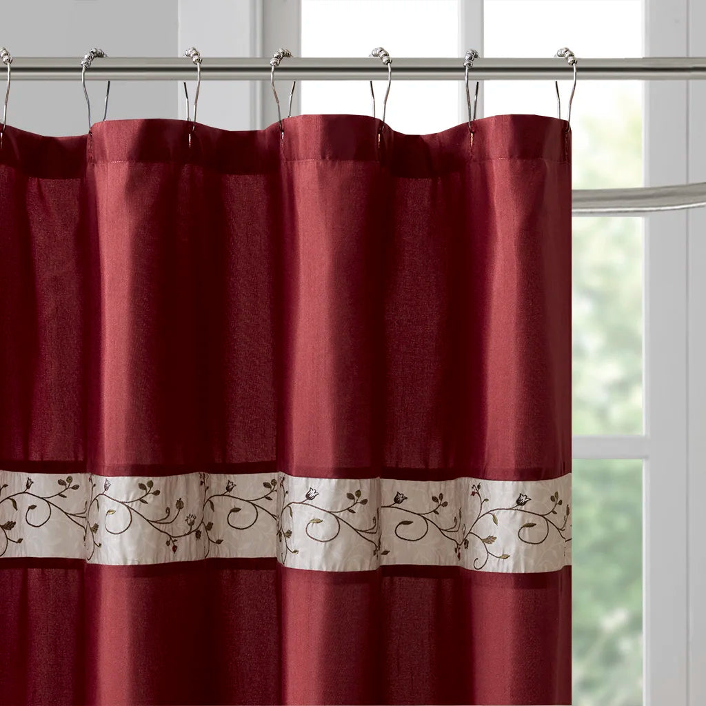 Transitional Red Pleated Shower Curtain w/Delicate Floral Embroidery