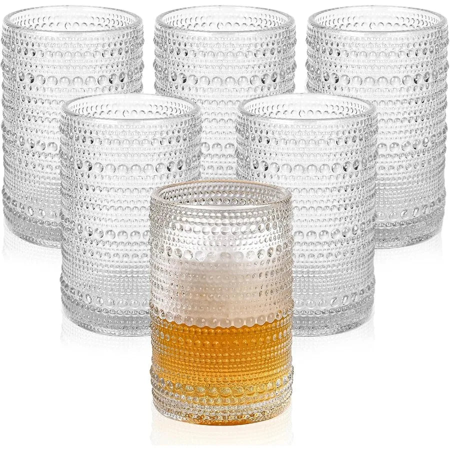 Set of Vintage Hobnail Glass Drinking Glasses with embossed beaded details, ideal for enhancing your drink station with vintage hobnail glassware.
