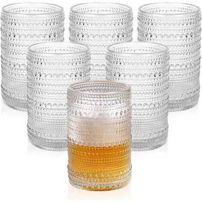 Set of Vintage Hobnail Glass Drinking Glasses with embossed beaded details, ideal for enhancing your drink station with vintage hobnail glassware.