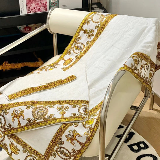 Premium 3-Piece 100% Cotton Bath Towel Set w/a Vintage Baroque Print Border