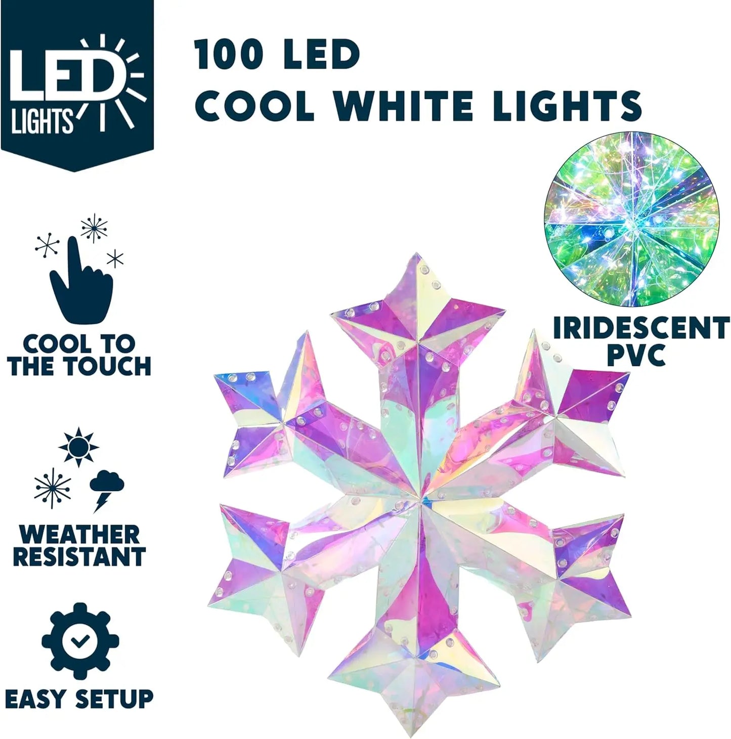 Unique 3D Iridescent Snowflake Ornament with 100 LED Cool White Lights - A close-up view highlighting 100 LED cool white lights on an iridescent 3D snowflake ornament.