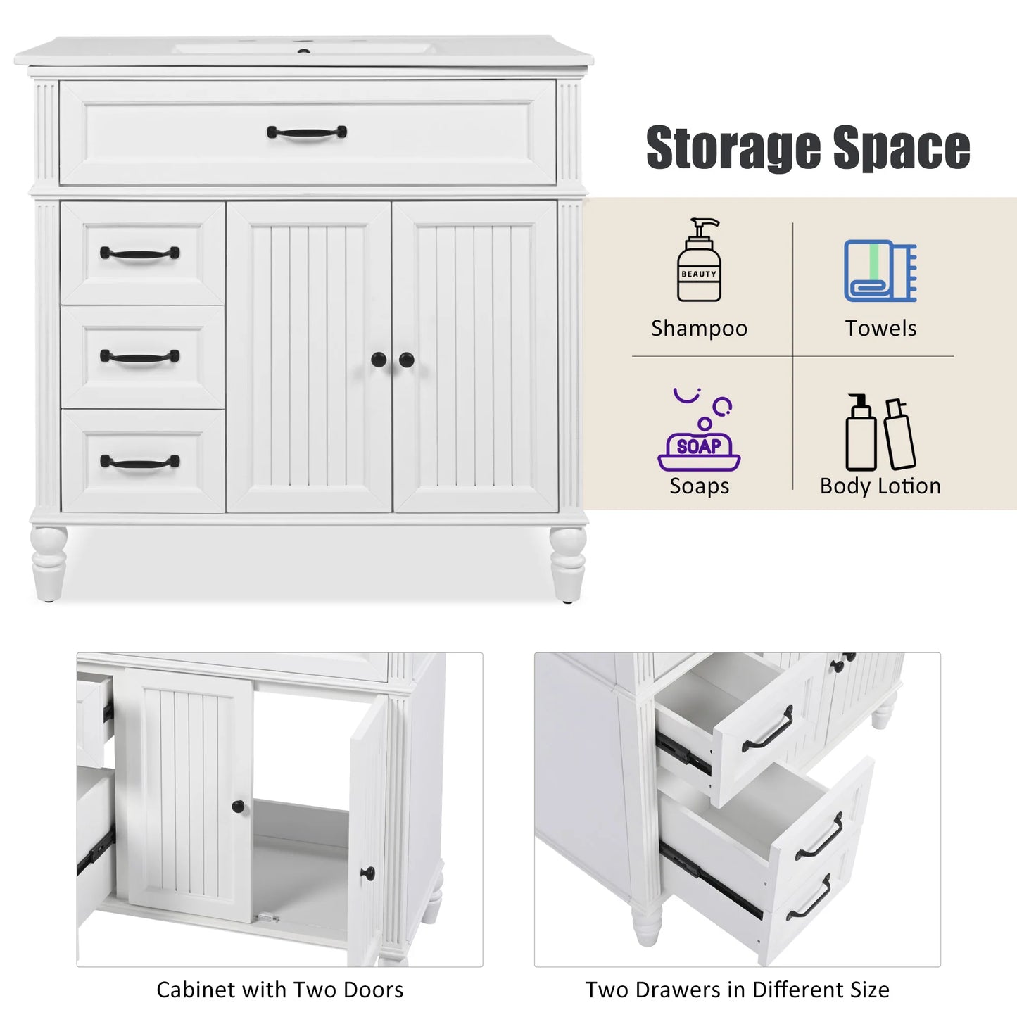 Freestanding 36" White Bathroom Vanity w/Ceramic Sink