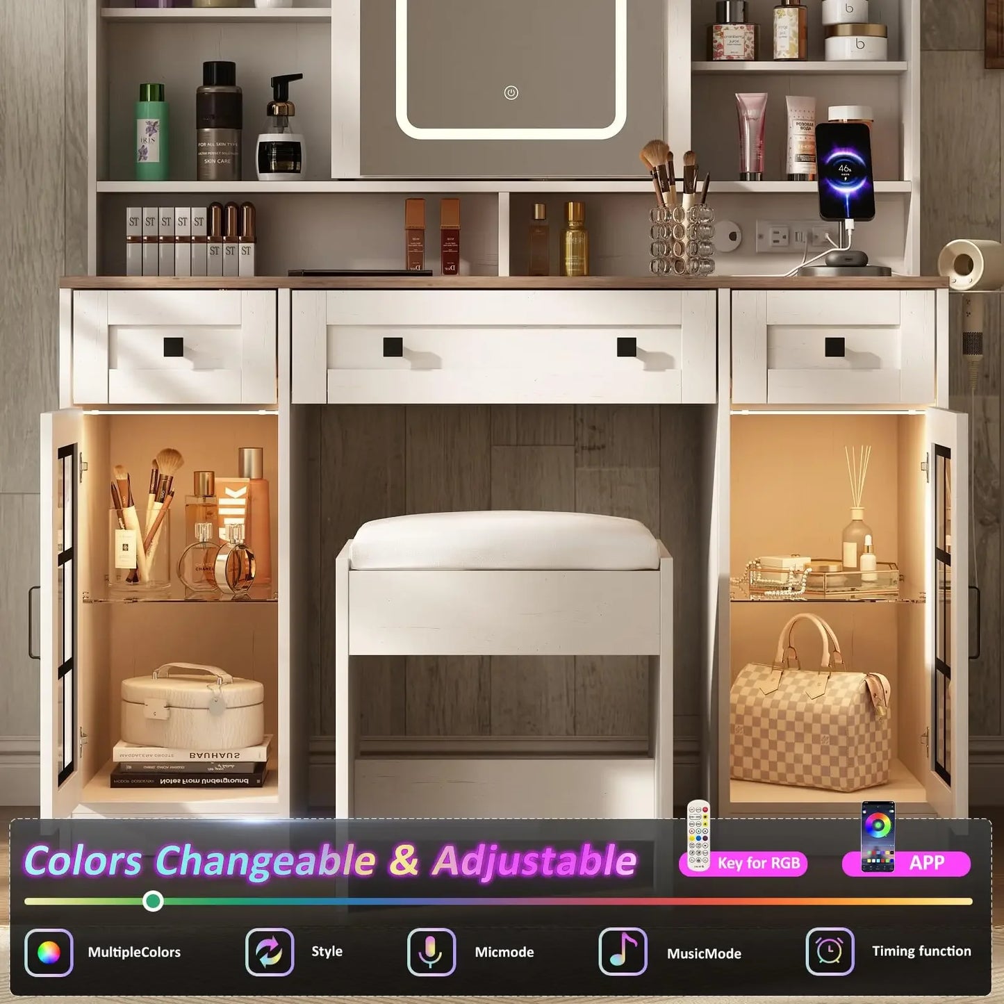 Farmhouse Vanity Makeup Desk w/Stool & Charging Station