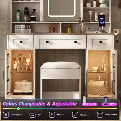 Farmhouse Vanity Makeup Desk w/Stool & Charging Station