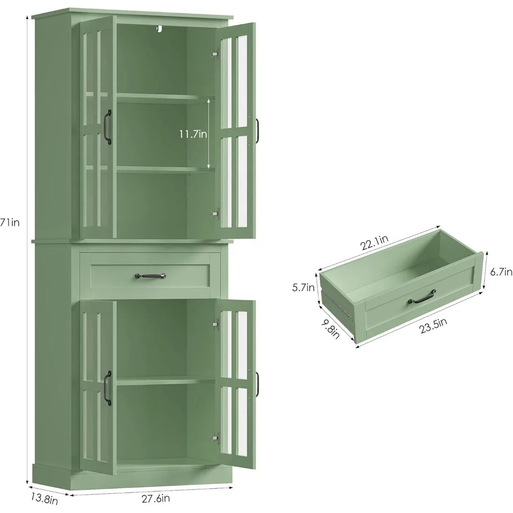 Modern Green Glass Door Wooden Tall Storage Cabinet with Drawer – 71” Pantry Bookcase ideal for a functional glass door storage cabinet with generous vertical storage.