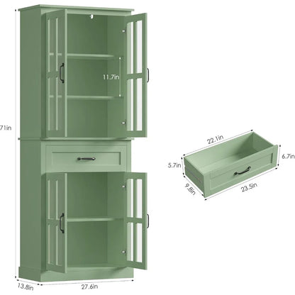 Modern Green Glass Door Wooden Tall Storage Cabinet with Drawer – 71” Pantry Bookcase ideal for a functional glass door storage cabinet with generous vertical storage.