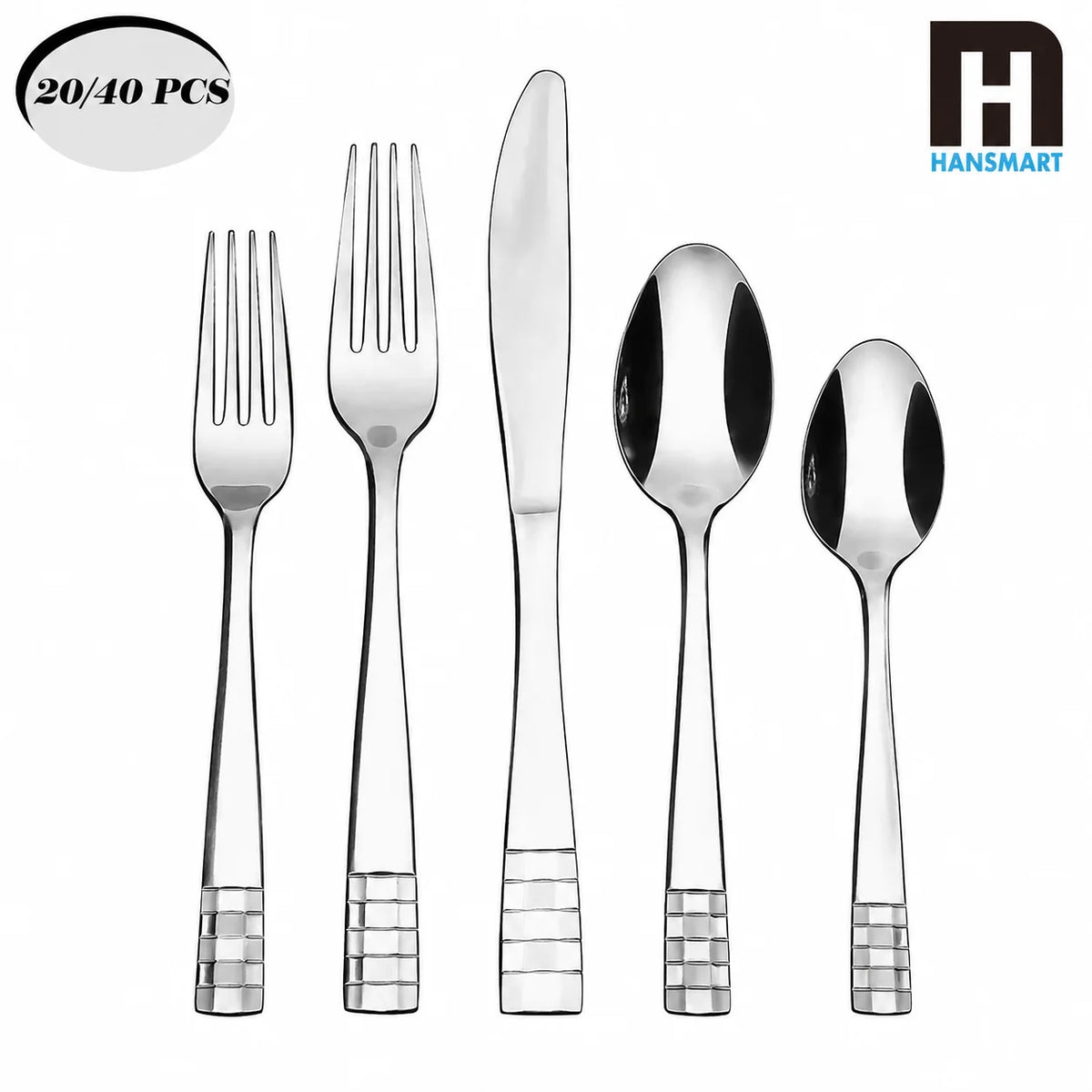 KitchenTrend Checkmate 20/40-Piece Mirror Polished Stainless Steel Flatware Set for 4/8, Dishwasher Safe, stainless steel flatware set with polished silver finish