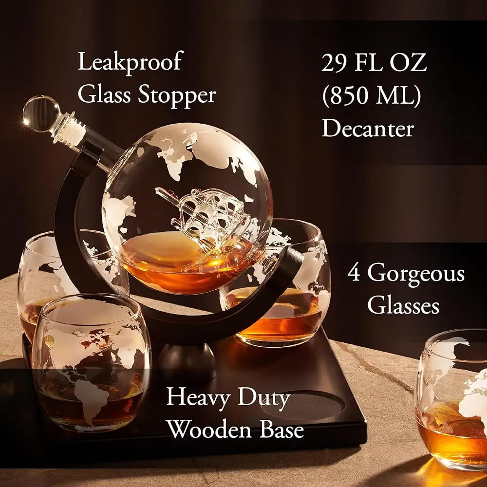 The Ship-in-a Bottle Globe Design Crystal Clear Whiskey Decanter Set w/4 Glasses