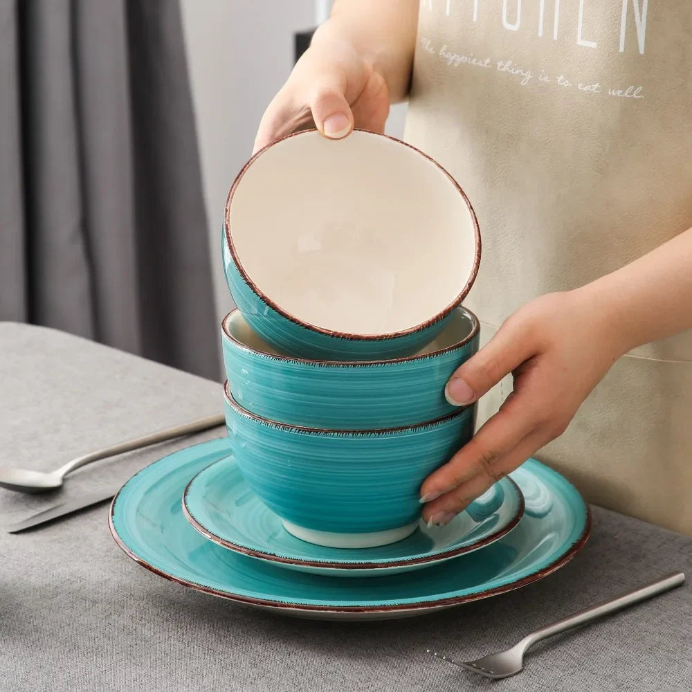 16-Piece Vintage Turquoise Ceramic Dinnerware Set