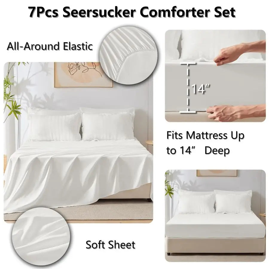 Matching sheets included in the 7-Piece Luxury Queen Bedding Set, compatible with the down alternative comforter in Winter White.