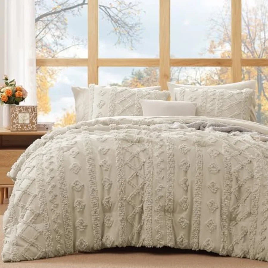 Luxury Tufted Beige Comforter Set showcasing its elegant tufted design, part of the 7 Piece Boho Farmhouse Bedding collection.
