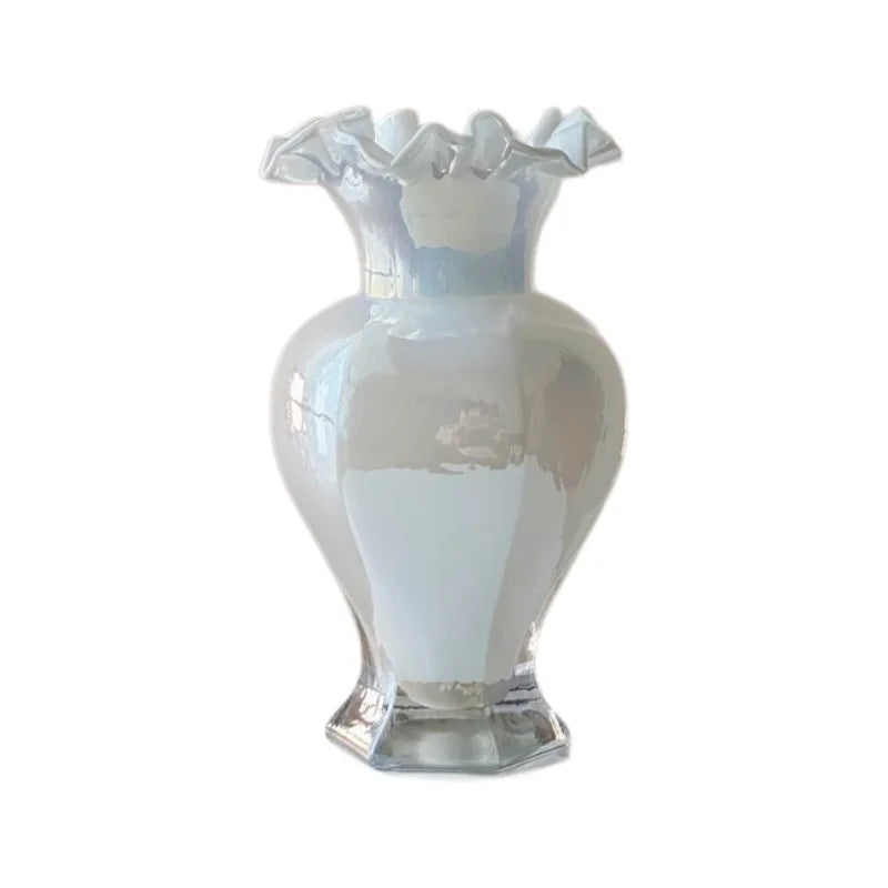 Side angle of the Vintage 24Cm Opalescent Ruffled Edged Fenton Glass Vase emphasizing its ruffled edge.