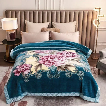 Korean Raschel 2-Ply Heavy Fleece Blanket, 78x90 Queen Size Reversible Geometric Plush Blanket featuring a burgundy and cream floral pattern; reversible geometric blanket for queen beds.