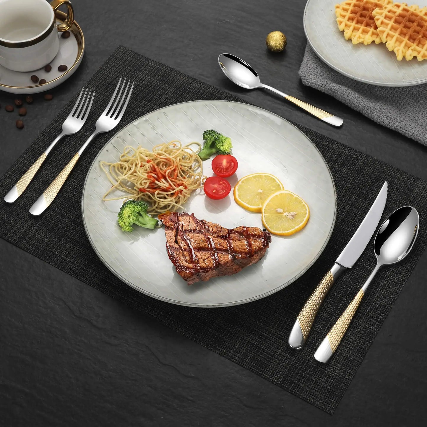 Showcase of the Ferran Diagonal Textured Stainless Steel Cutlery Set demonstrating its sleek mirror-polished finish.