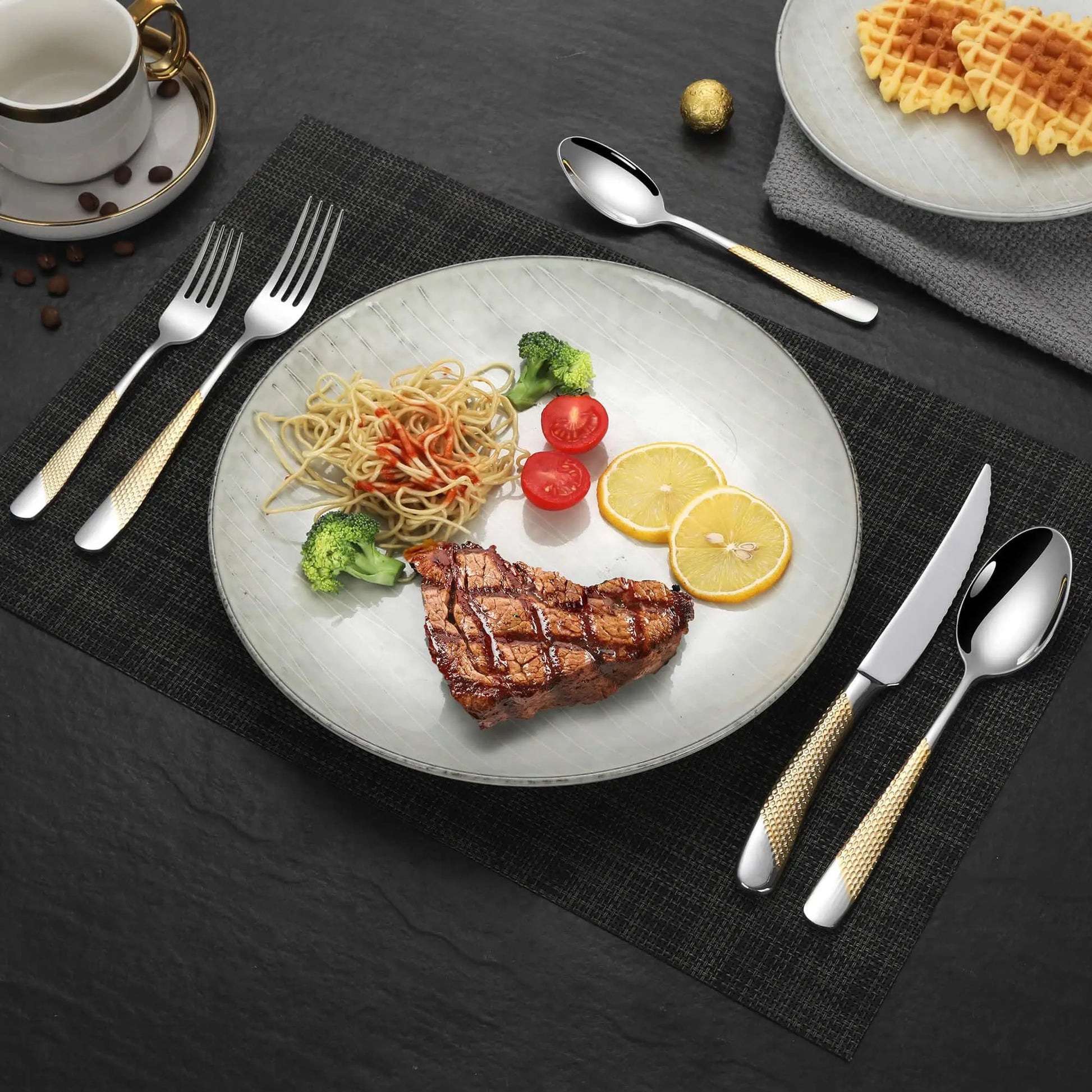 Showcase of the Ferran Diagonal Textured Stainless Steel Cutlery Set demonstrating its sleek mirror-polished finish.