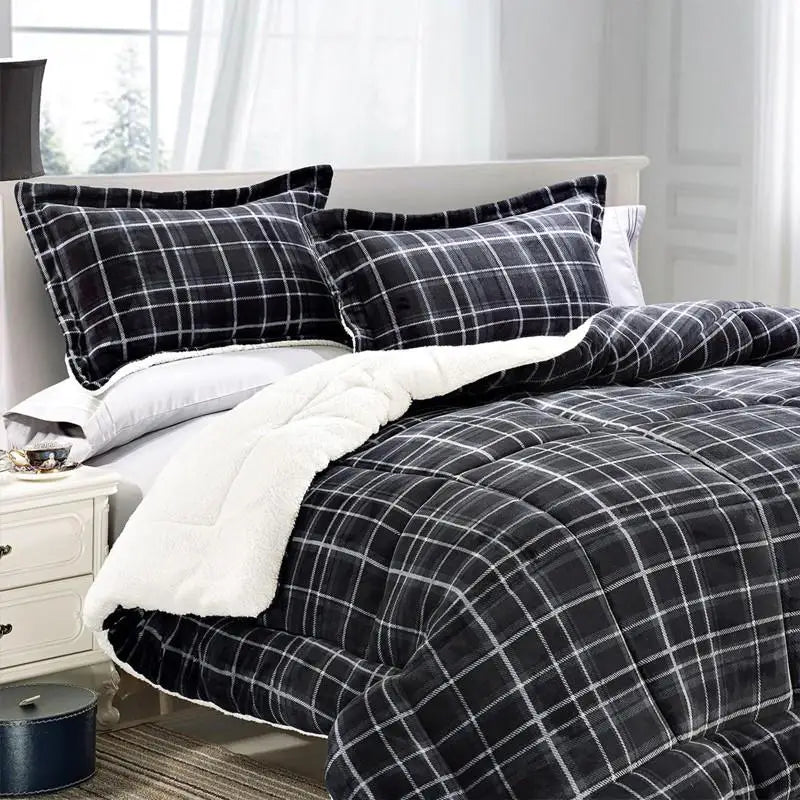 Luxury Plaid Sherpa Comforter Set in King size, perfect for year-round warmth and comfort.