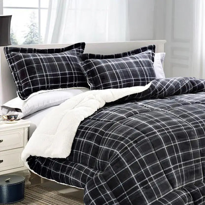 Luxury Plaid Sherpa Comforter Set in King size, perfect for year-round warmth and comfort.