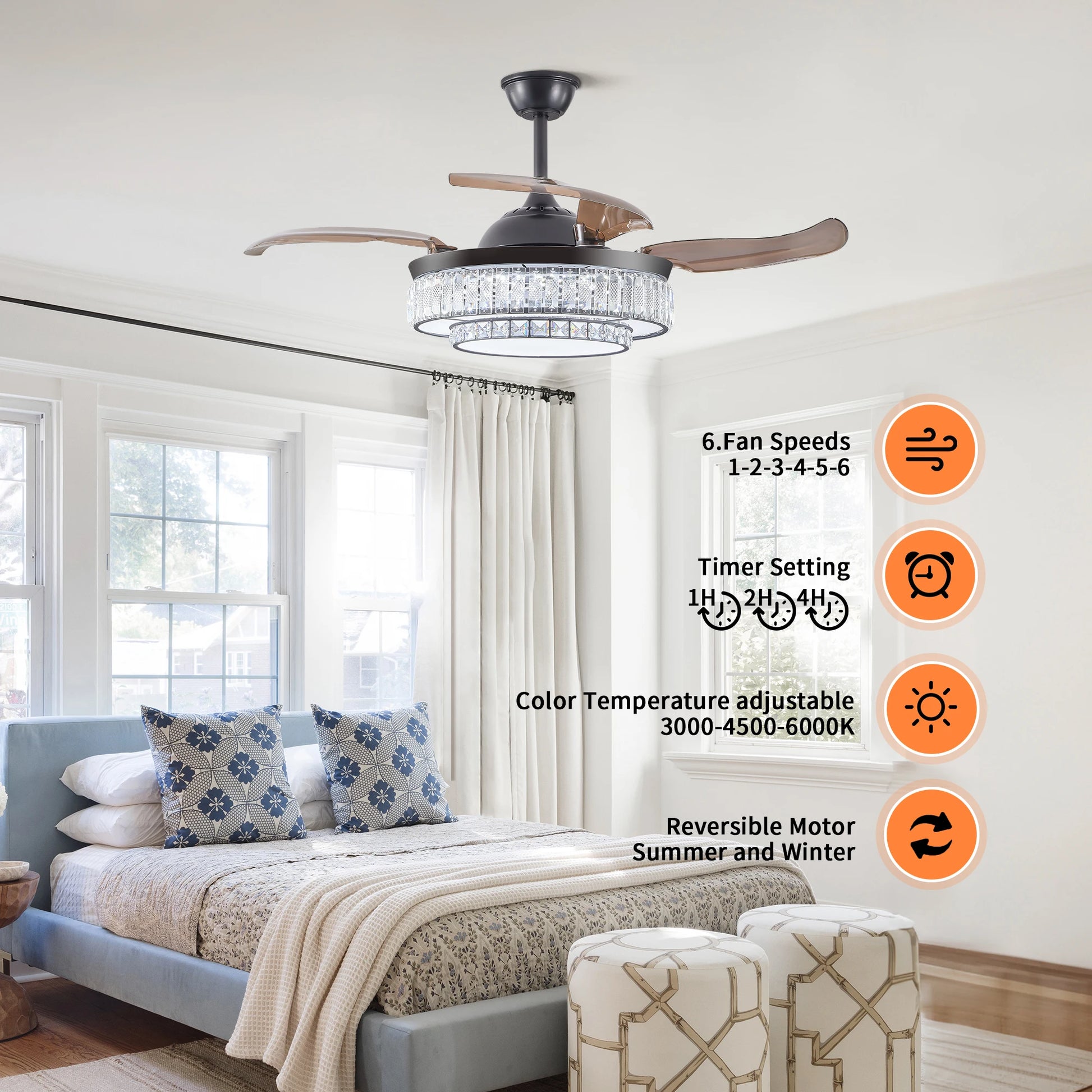 Close-up of the crystal accents on the 48” Modern Black Retractable Ceiling Fan with LED Light.