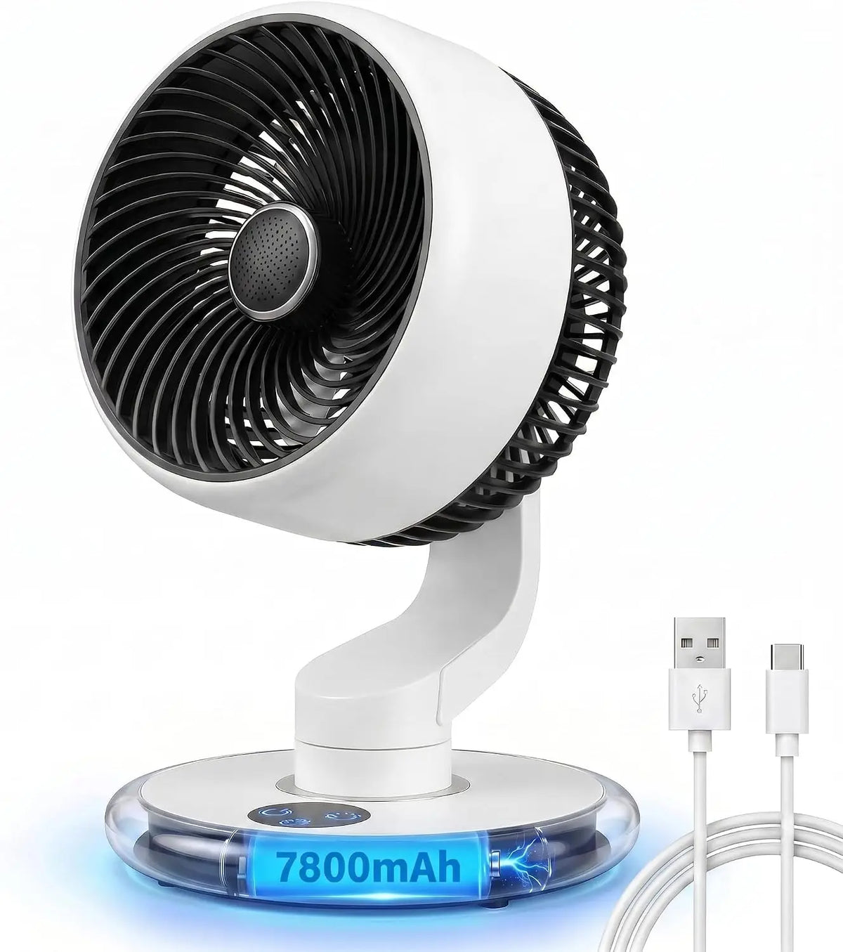 GAITIR Rechargeable Desk Fan - 7800mAh Battery with Smart Touch Display - Black, White, cordless rechargeable desk fan on a tabletop