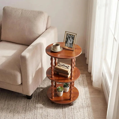 Garvee Round Accent Table 3-Tier - Sturdy Wooden Side Table Nightstand - Walnut, round accent table with spiral support design