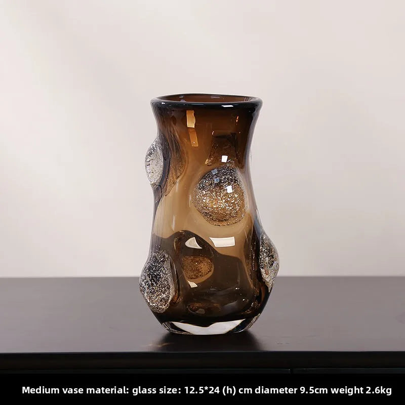 Coffee Art Glass Nordic Vase set on a console, showcasing its modern glass vase features and light luxury design.