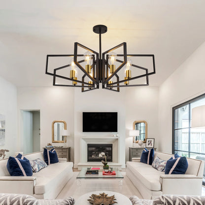 Modern 8-Light Geometric Black Frame Chandelier w/Gold Accents