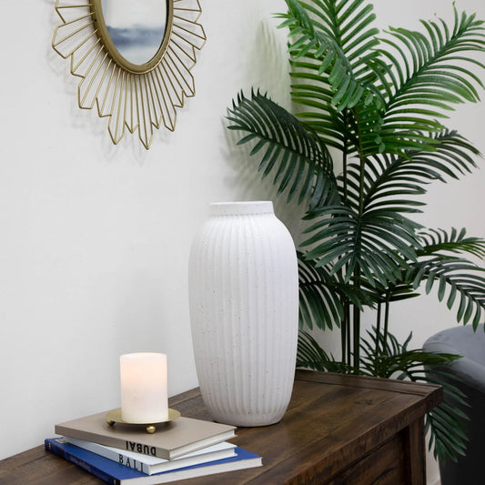 Decorative Indoor Speckled White Ribbed Ceramic Vase