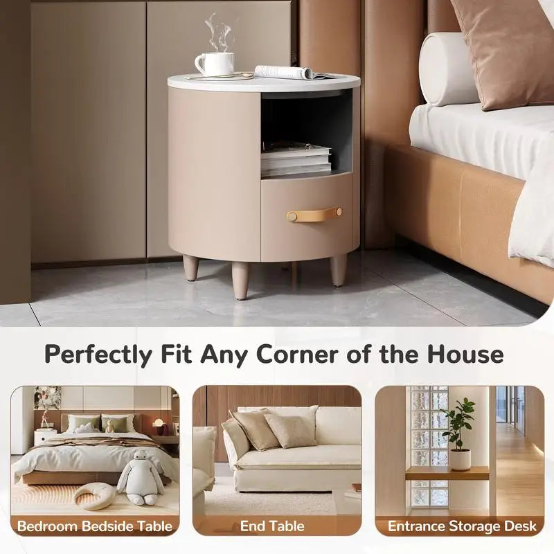 Minimalist & Modern Round Bedside Table with Storage Drawer