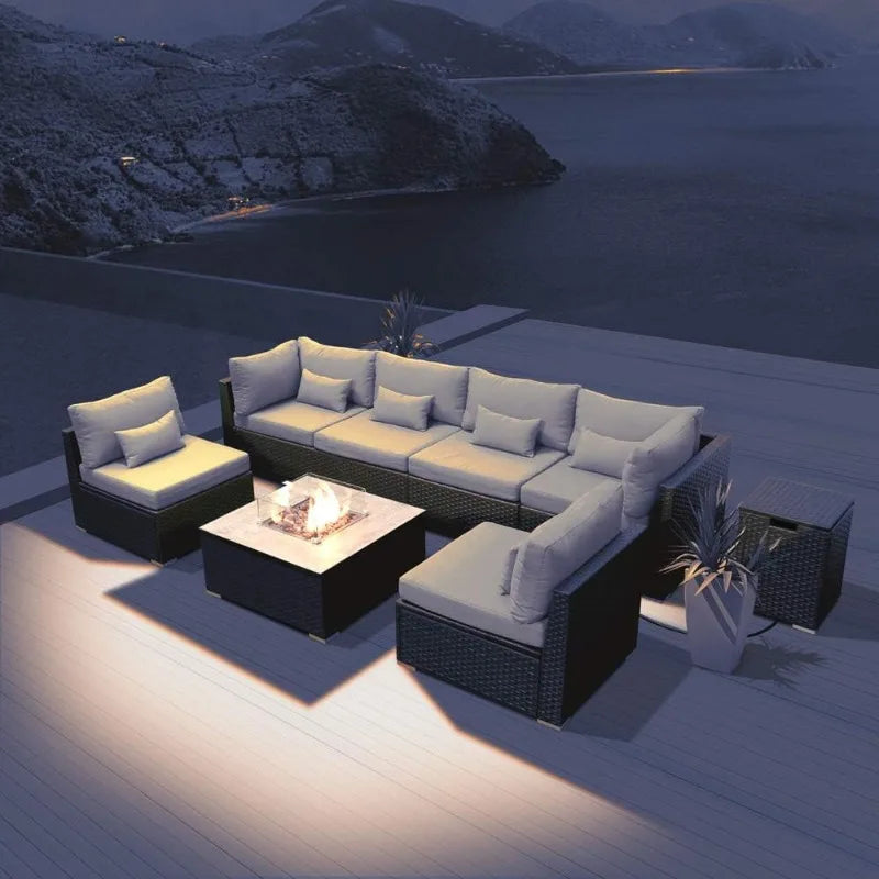 8-Piece Resin Wicker Sectional Sofa Set w/Gas Fire Pit Table