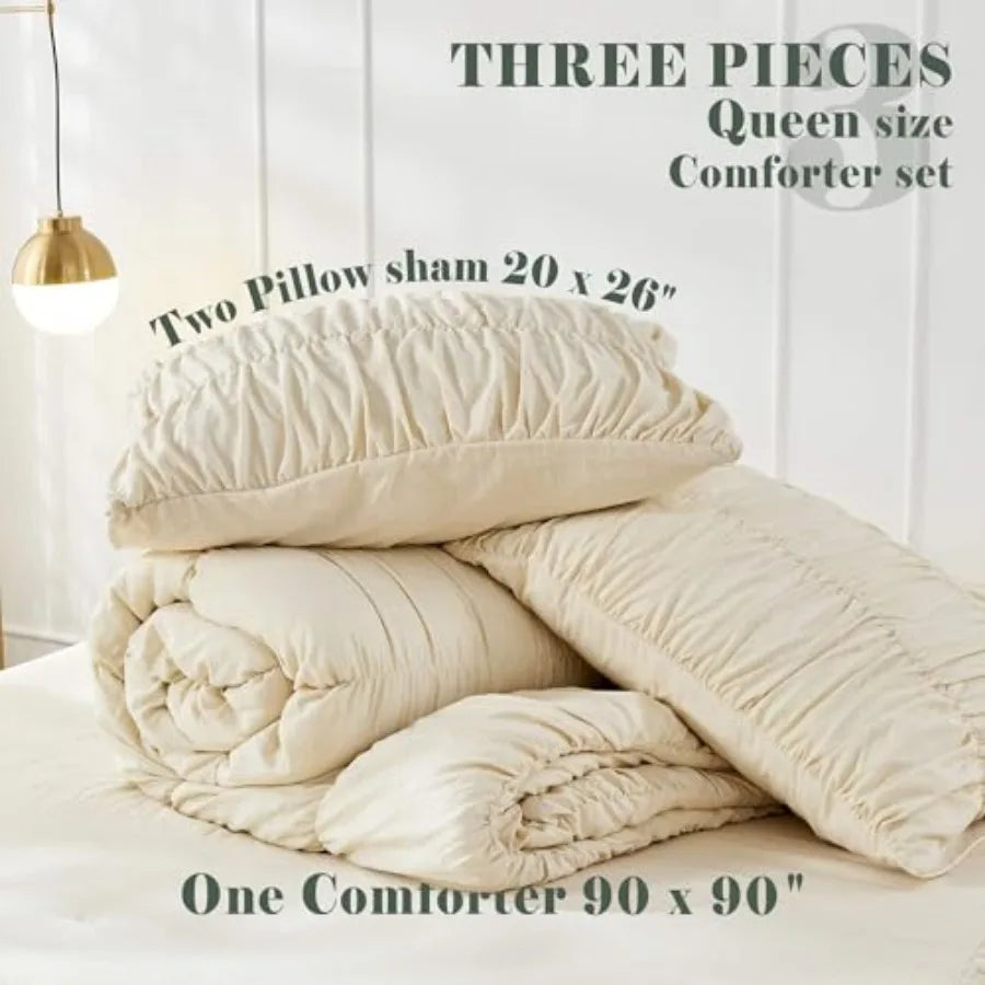 Detail image of the ruched texture on the luxury farmhouse comforter, emphasizing its upscale design and cozy appeal.