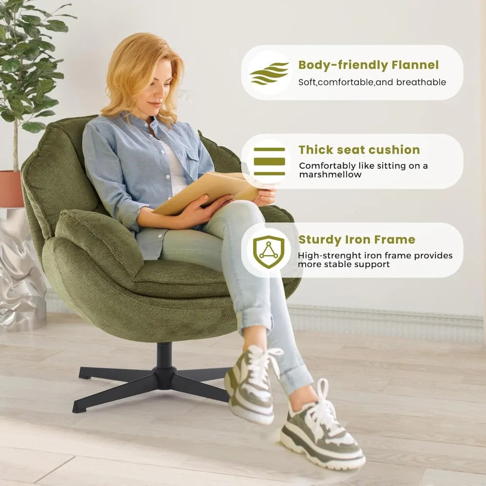 Side angle of the Modern Green Swivel Armchair with a sturdy black metal frame, highlighting its stylish design.