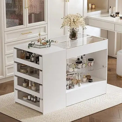 Vanity Storage Island/Jewelry Display Cabinet w/Glass Top & 8 Drawers