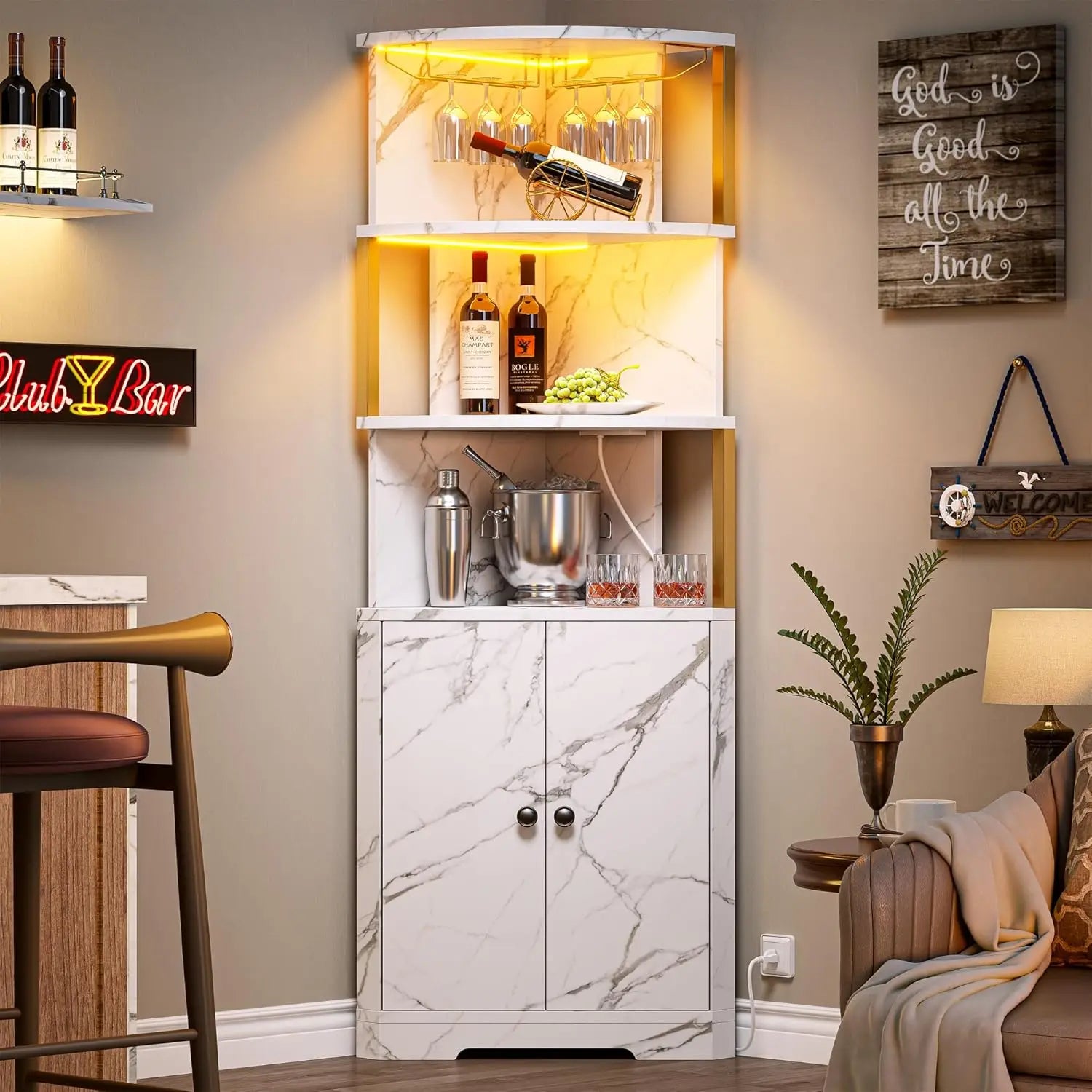 Stylish Corner Bar Cabinet featuring a white marble finish and gold frame, perfect for any modern space.